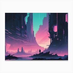 A Lone Figure Stands On A Rocky Outcropping Overlooking A Futuristic City In Ruins, Bathed In The Warm Glow Of A Pink And Teal Sunset Canvas Print