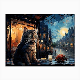 Cat and Cafe Terrace at Night Van Gogh inspired Canvas Print