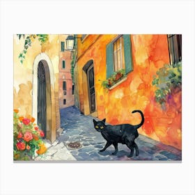 Black Cat In Rome, Italy, Street Art Watercolour Painting 2 Canvas Print