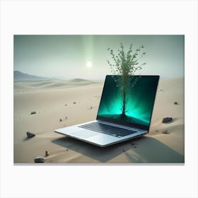 Laptop On Desert Sand With A Glowing Green Tree Emerging From It, Sun In The Background Canvas Print