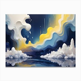 Surreal Landscape With White, Crystal Like Formations And Flowing, Abstract Waves Of Blue, Yellow, And White Paint Canvas Print