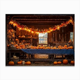 A Traditional Rural Barn Decked Out For An October Thanksgiving Festival Nostalgic Wooden Beams Glo (5) Canvas Print