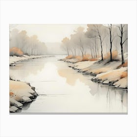 A Watercolor Painting Of A River Winding Through A Forest With Bare Trees Canvas Print