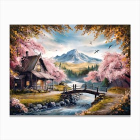 Mountain River and Cherry Blossom Art Print #8 Canvas Print