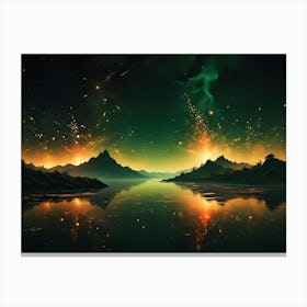 A Breathtaking Landscape Of Volcanic Mountains Erupting Under A Green Nebula Filled Sky, Reflected Perfectly In The Still Water Of A Lake, Creating A Scene Of Serene Destruction Canvas Print