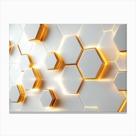 3d white and golden hexagon on the glowing light effects Canvas Print