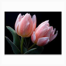 Pink Tulips On Black Background Canvas Print