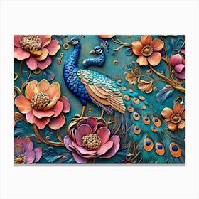 Elegant Leather Base Combines Bright Color Floral with Exotic Oriental Pattern Flowers and Peacocks 3 Canvas Print