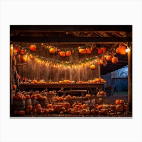 A Traditional Rural Barn Decked Out For An October Thanksgiving Festival Nostalgic Wooden Beams Glo (1) 2 1 Canvas Print