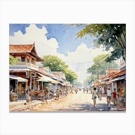 A Young Adventurer Meanders Through The Bustling Streets Of A Summer Town In Thailand Pastel Colore Canvas Print