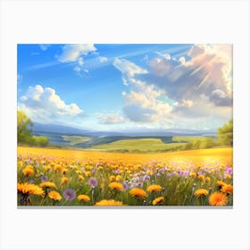 Amazing Meadow Covered In Dandelion Under Blue Sky Canvas Print