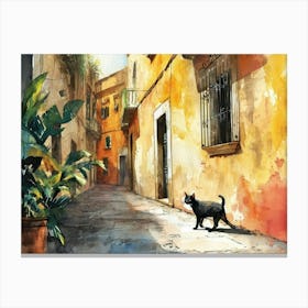 Black Cat In Catania, Italy, Street Art Watercolour Painting 2 Canvas Print