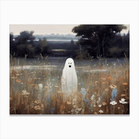 Cute Bedsheet Ghost In Flower Landscape Vintage Style, Halloween Spooky 3 Canvas Print