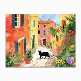 Marseille, France   Cat In Street Art Watercolour Painting 3 Canvas Print