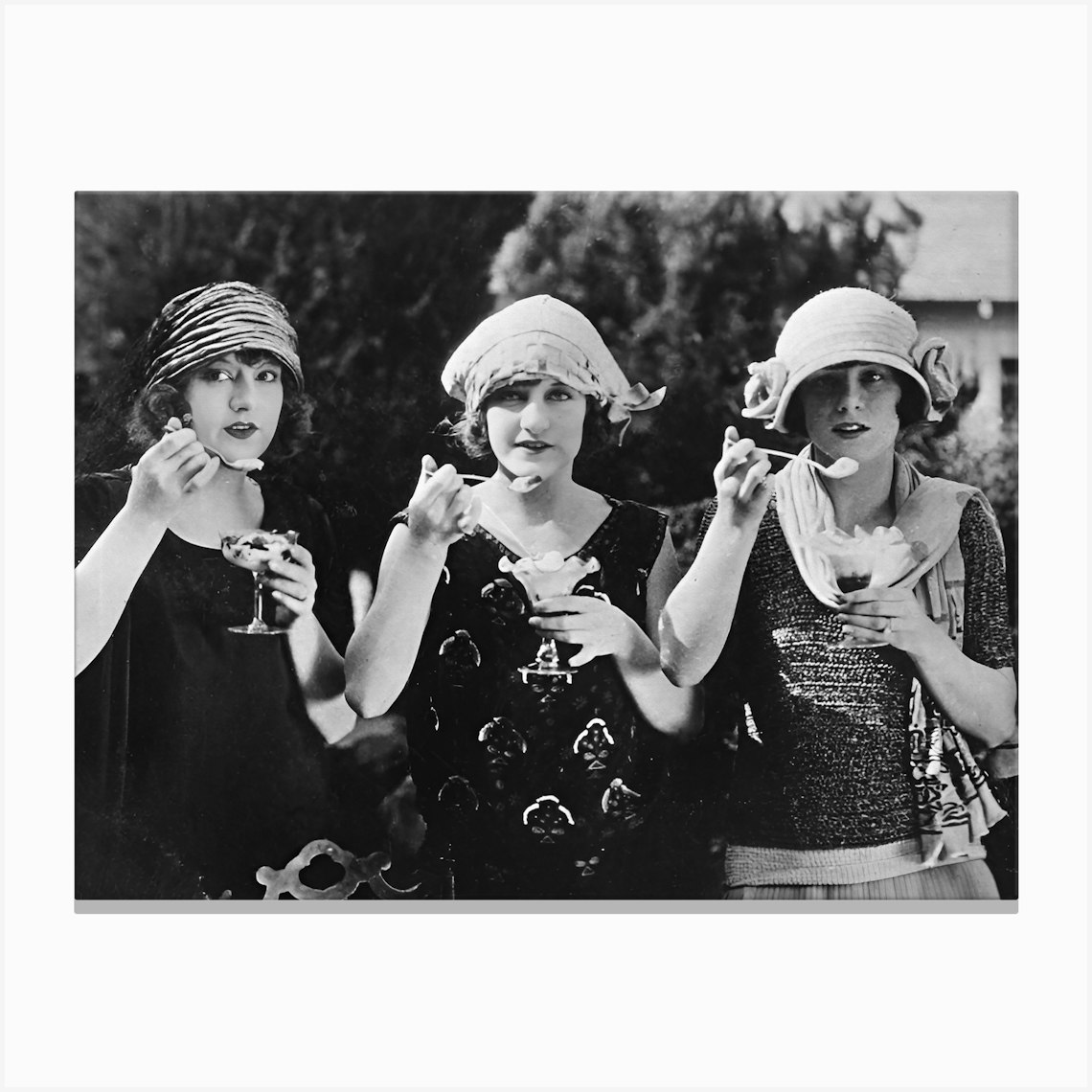Three Women In Hats Eating Ice Cream, Vintage Black and White Old Photo Canvas Print by Vibrant Vintage
