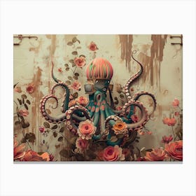 Octopus robot flowers vintage illustration Canvas Print