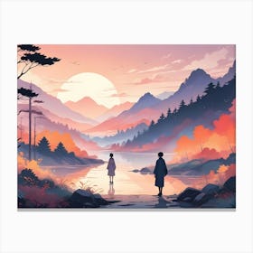 Two Individuals Stand Apart, Facing A Serene Lake Reflecting A Mountain Landscape During A Tranquil Sunset Canvas Print