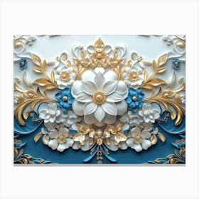 3d Artwork White And Blue Backdrop, Embellished With Gold Jewelry Canvas Print