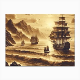 Vintage Sepia Prints Of Ocean With Ships 3 Canvas Print