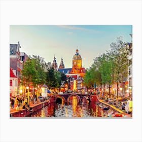 Basilica Of Saint Nicholas Illuminated At Dusk, Amsterdam, Netherlands Canvas Print