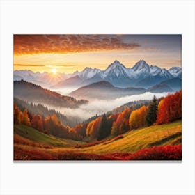 Autumn Landscape Panoramic View Of The Tatra Mountains Leaves In Vivid Shades Of Red Orange And Canvas Print