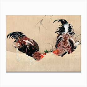 Japanese Ukiyo-E Two Roosters Fighting Canvas Print