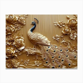 Golden 3d Peacock with Jewelry and Floral Illustrations on Wooden Canvas Print