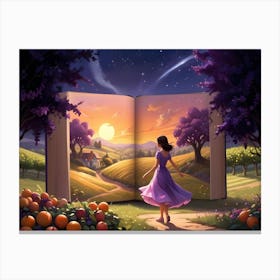 Woman Walking Toward A House On A Hillside With A Book Opening Behind Her 1 Canvas Print