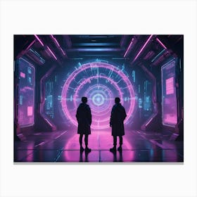 Two Figures Silhouetted In A Futuristic, Neon Lit Room, Facing A Large, Glowing Circular Portal Canvas Print