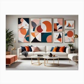 A Modern Living Room Interior With A White Sofa, Two Orange Armchairs, Gold Coffee Tables, And A Gallery Wall Of Abstract Artwork Featuring Circles, Triangles, And Squares In Various Colors Canvas Print