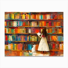 White Cat In The Library - Next To A Girl Canvas Print