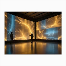 Two People Stand In Silhouette In Front Of A Massive Screen Displaying An Abstract, Glowing Image Canvas Print