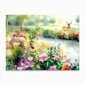 Watercolor Of Deer And Flowers Canvas Print