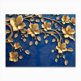 Elegant Gold And Royal Blue Floral Tree With Seamless Leaves And Flowers Hanging Branches Illustration Canvas Print