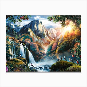 Mountain Waterfall with Wildlife Painting #7 Canvas Print