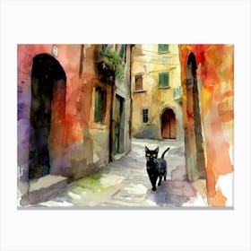 Black Cat In Verona, Italy, Street Art Watercolour Painting 2 Canvas Print