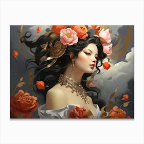 Chinese Woman With Flowers Canvas Print