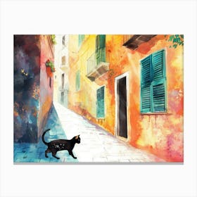 Black Cat In Salerno, Italy, Street Art Watercolour Painting 1 Canvas Print