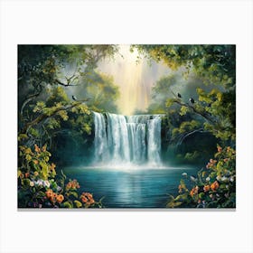 Majestic Waterfall Forest with Flowers Painting #12 Canvas Print