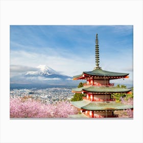 Mount Fuji With Pagoda During Cherry Blossom Season Canvas Print