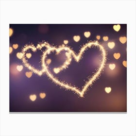 Two Glowing Heart Shapes With A Blurred Background Of Golden Hearts, Representing Love And Romance Canvas Print