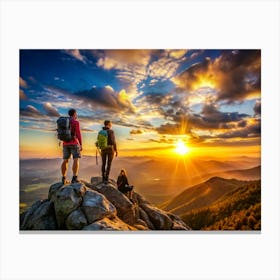 Three Hikers Admiring Sunset View From Mountain Peak Canvas Print