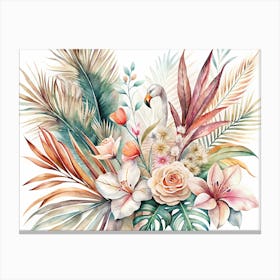 Watercolor Floral Bouquet With A Flamingo Canvas Print