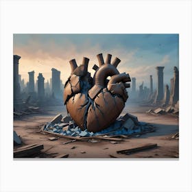 A Large Wooden Heart Lies In A Ruined Cityscape, Surrounded By Broken Columns And Debris Canvas Print