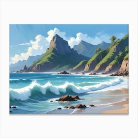 Tropical Beach Landscape With Lush Green Mountains And Waves Canvas Print