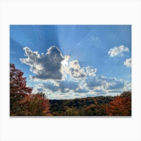 Cumulus Clouds Towering High Above A Serene Autumnal Landscape Sunlight Piercing Through Overcast S (2) Canvas Print