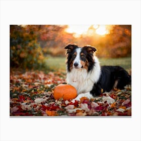 Autumnal Backdrop Transitioning Into Winter An American Border Collie Sits On A Bed Of Fallen Leave 2 1 Canvas Print