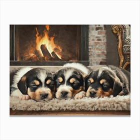 Cosy Puppies by the fire 1 Canvas Print