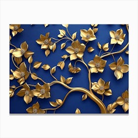 Elegant Gold and Royal Blue Floral Tree with Seamless Leaves and Flowers Hanging Branches 1 Canvas Print