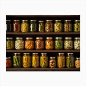 Shelves Of Preserved Vegetables In Glass Jars Canvas Print